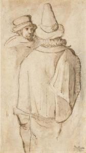 A Figure, Seen 
Three-quarter-length From Behind, In A Tall Hat Andcloak, Another Man 
Beyond
