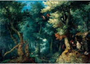 Wooded Landscape With Saints Anthony And Paul The Hermit Assailed By Demons by Gillis van Coninxloo