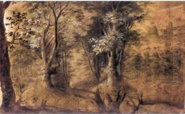 Wooded Autumnal Landscape With Figures And A Distant Townscape - view 1