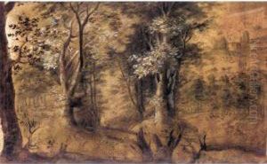 Wooded Autumnal Landscape With Figures And A Distant Townscape by Gillis van Coninxloo
