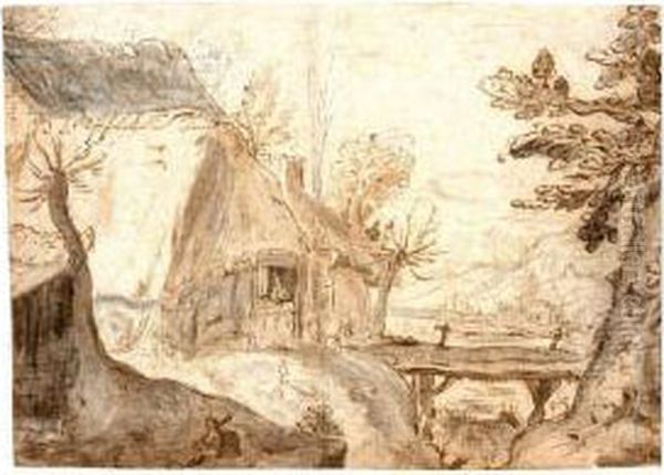 A Rugged River Landscape, With A Thatched House By A Bridge - view 1