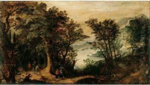 A Wooded Landscape With Hunters And Travellers On A Path Near A Bridge by Gillis van Coninxloo