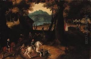 A Wooded Landscape With Maurits,
 Prince Of Orange, On A Grey, Andother Huntsmen And Elegant Company On A
 Path