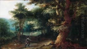 A Sportsman And A Traveller On A Path In The Wood by Gillis van Coninxloo