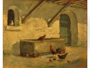 Poules Et Poussins Dans L'etable by Edmond Van Coppenolle