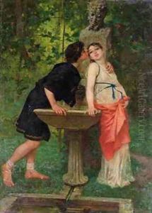 Lovers by a Fountain by Modesto Faustini