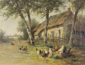 Landschaft Mit Bauernhaus Und Huhnerhof.