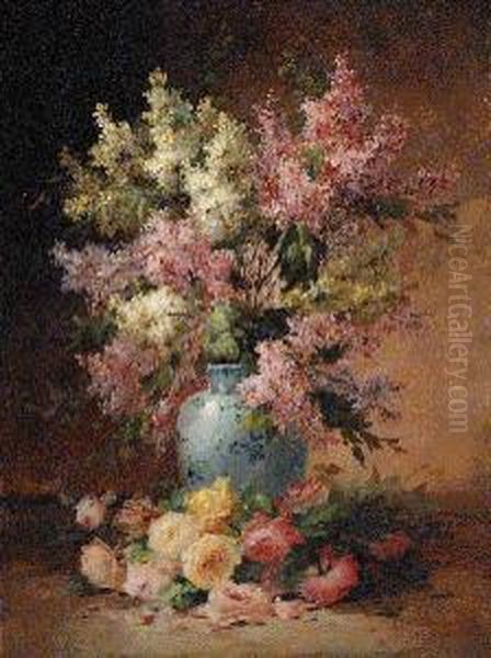 A Vase Of Lilac With Roses On A Ledge - view 1