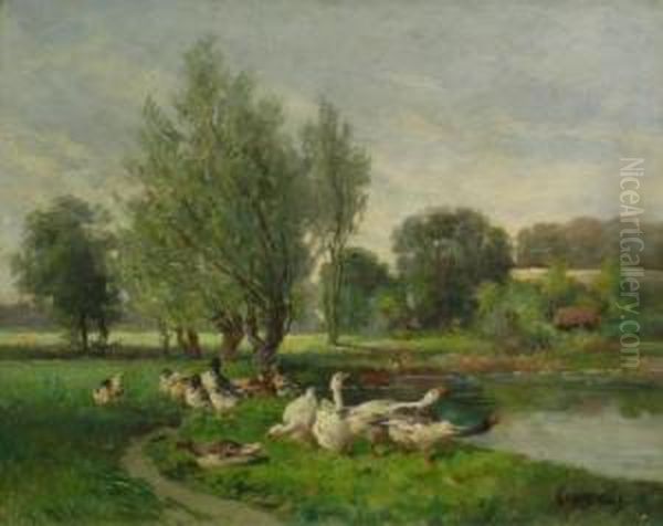 Geese On The Bank Of A Pond - view 1
