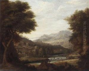 An Extensive Italianate Landscape With Figures Beside A River by Jan Joost Von Cossiau