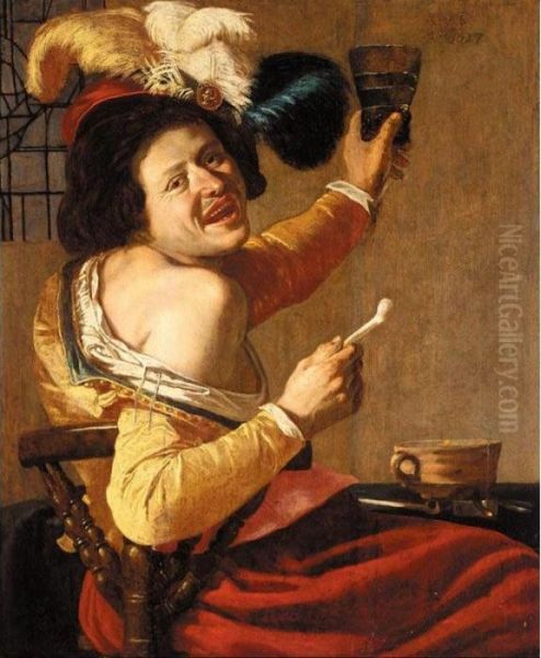 An Interior With A Merry Toper Seated At A Table Smoking A Pipe And Raising A Roemer - view 1