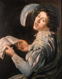 A Youth, Half Length, In Fancy Costume, Singing From A Musicalscore