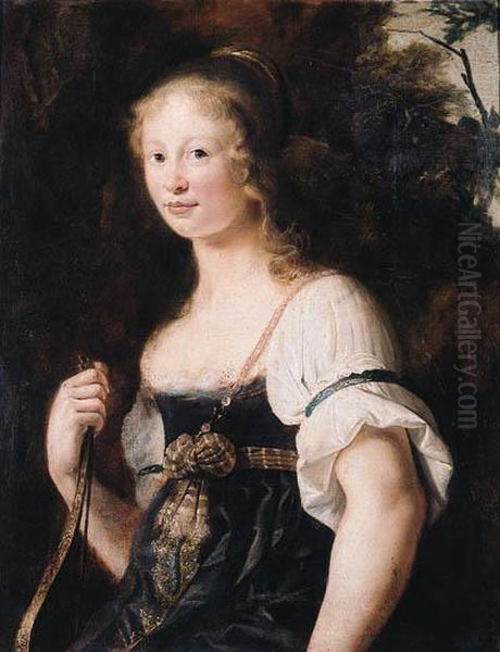 A Portrait Of A Young Woman As
Diana, Standing Half Length In Alandscape, Wearing A Green Dress And
Chemise, A Wrap Around Herwaist - A Fragment - view 1