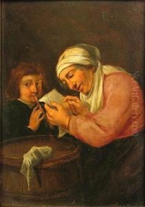 A Boy Playing A Flute And A Woman Reading A Letter In Aninterior by Joos van Craesbeeck