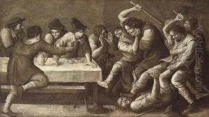 A Peasant Brawl In An Inn; 'en Grisaille' by Joos van Craesbeeck