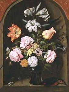 A Still Life of Flowers in a Vase and a Kingfisher on a Ledge