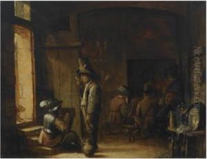 An Interior Of An Inn With A
Peasant Smoking A Pipe And A Soldierdrinking, Other Figures Smoking And
Drinking In Thebackground by Joos van Craesbeeck