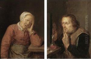 A Peasant Woman Sleeping At A Table;a Peasant Man Drinking And Playing Cards A Peasant Woman Sleeping At A Table;a Peasant Man Drinking And Playing Cards