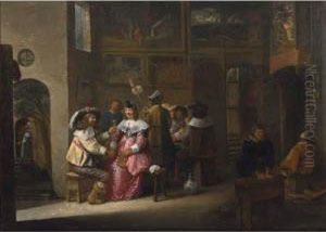 An Elegant Company Drinking In An Interior, A Maid Scouring A Pot In The Foreground