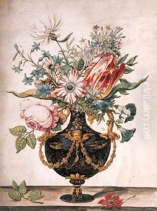 Flowers in a decorative urn by Jan Baptist van Fornenburgh