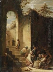 Peasants And Soldiers In A Courtyard by Joos van Craesbeeck