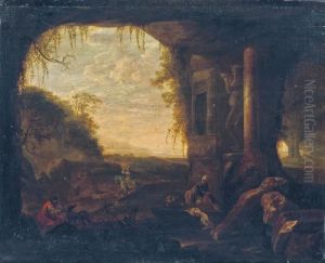 Travellers Near A Grotto By An Antique Statue Of Bacchus