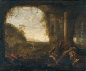 A Landscape With Classical Ruins And Figures Drinking From A Fountain by Abraham van Cuylenborch