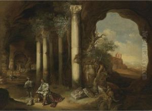 A Grotto With An Artist Sketching Amongst Classical Ruins