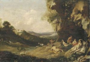 An Extensive Mountainous Landscape With Nymphs On A Bank by Abraham van Cuylenborch