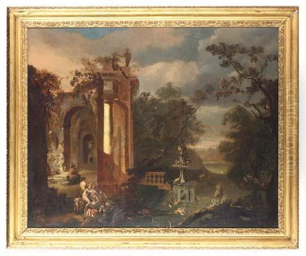 A Wooded River Landscape With Nymphs And Satyrs By A Capriccio Ofclassical Ruins - view 1
