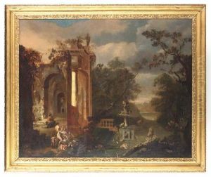 A Wooded River Landscape With Nymphs And Satyrs By A Capriccio Ofclassical Ruins