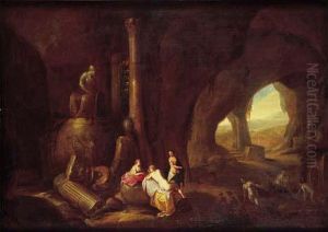 Nymphes Se Baignant Dans Une Grotte.