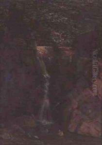 Waterfall in a Woodland Landscape by F. Famin