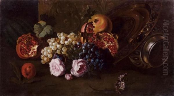 Natura Morta Di Uva E Melograne Con Vasellame - view 1
