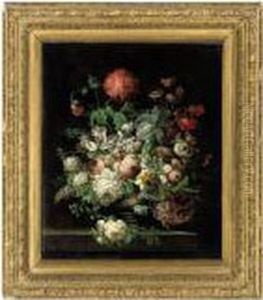 Peonies, Tulips, Morning Glory, A
 Passion Flower And Other Flowers,in A Vase, On A Stone Ledge