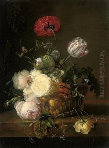 Tulips, Roses, Peonies, Jasmin, 
Convulvulus, Poppies And Other Summer Blooms In A Basket On A Ledge