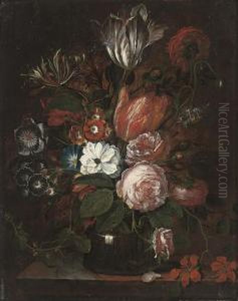 Parrot Tulips, Peonies, And Convolvulus In A Glass Vase - view 1