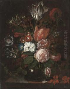 Parrot Tulips, Peonies, And Convolvulus In A Glass Vase