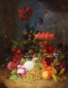 Stillleben Mit Blumen, Insekten,
 Trauben, Pflaumen, Pfirsichen Und Melone Auf Einem Tisch