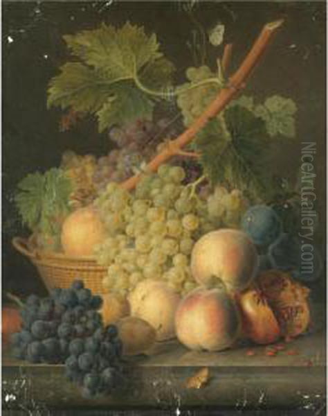 Still Life With Grapes And
Peaches In A Basket, An Open Pomegranate, Plums, Black Grapes And More
Peaches On The Marble Ledge Beneath - view 1