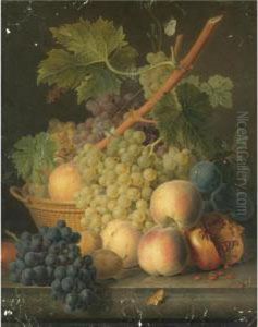 Still Life With Grapes And 
Peaches In A Basket, An Open Pomegranate, Plums, Black Grapes And More 
Peaches On The Marble Ledge Beneath