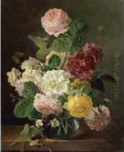 A Still Life Of Flowers In A Glass Vase On A Marble Ledge