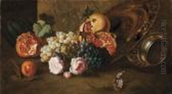 Natura Morta Di Uva E Melograne Con Fiori E Vasellame In Argento - view 1