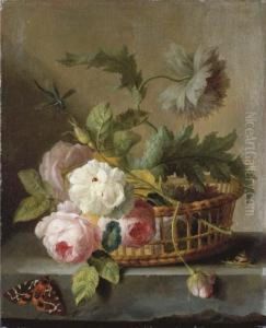 Roses And Morning Glory In A 
Basket On A Stone Ledge, With Aladybird, A Snail, A Red Admiral 
Butterfly And A Dragon Fly