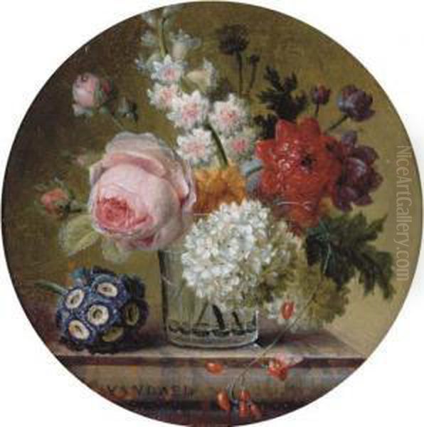 Cabbage Rose, Marigold,
Hyacinth, Poppy Anemones, Opium Poppy,snowball And Scarlet Runner Bean
In A Glass Beaker On A Marbleledge With Auricula - view 1