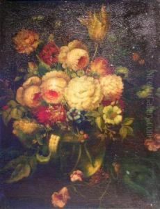 Still Life Of Tulips, Peonies And Other Summer Flowers In A Glassvase On A Table
