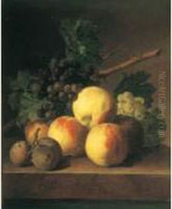 Nature Morte Aux Peches, Prunes Et Raisins Sur Un Entablement De Marbre