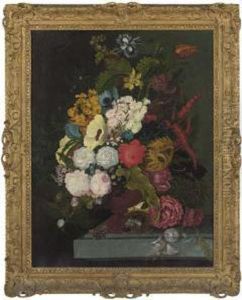 Roses, Poppies, Peonies, Parrot 
Tulips, A Sunflower And Otherflowers In An Urn On A Stone Ledge, With A 
Butterfly And A Nestwith Eggs