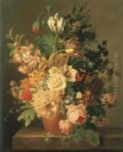 Roses, Tulipes, Liseron, Dahlias
Et Autres Fleurs Dans Un Pot Enterre Sur Un Entablement En Marbre by Jan Frans Van Dael