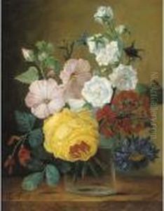 Mixed Flowers In A Glass Vase On A Ledge by Jan Frans Van Dael